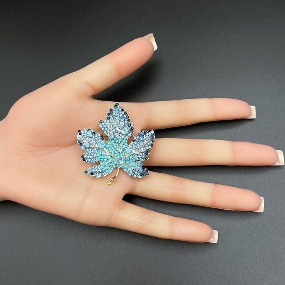 Yellow Gold with Blue Sapphire and Aquamarine Crystal Maple Leaf Pin Back Brooch - Picture 8 of 8